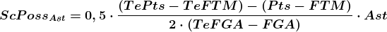 \boldsymbol{ScPoss_{Ast}=0,5\cdot \frac{(TePts-TeFTM)-(Pts-FTM)}{2\cdot (TeFGA-FGA)}\cdot Ast}